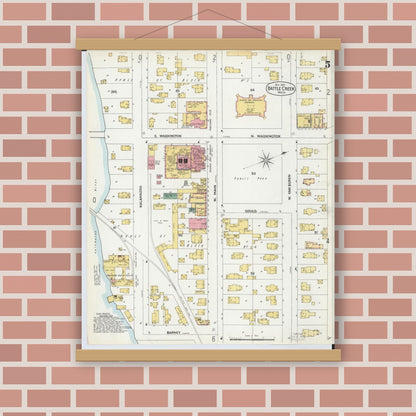 Old map wall art mockup — magnetic wood frame on brick wall — Sanborn Fire Insurance Map from Battle Creek, Calhoun County, Michigan (1899), Sheet #0005