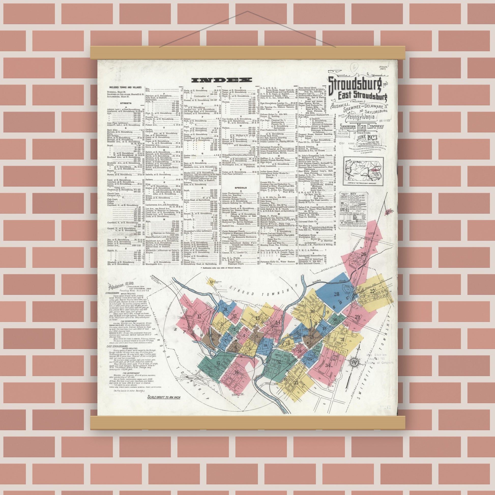 Old map wall art mockup — magnetic wood frame on brick wall — Sanborn Fire Insurance Map from Stroudsburg, Monroe County, Pennsylvania (1923) - Complete Map Set