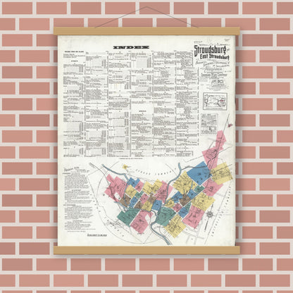 Old map wall art mockup — magnetic wood frame on brick wall — Sanborn Fire Insurance Map from Stroudsburg, Monroe County, Pennsylvania (1923) - Complete Map Set