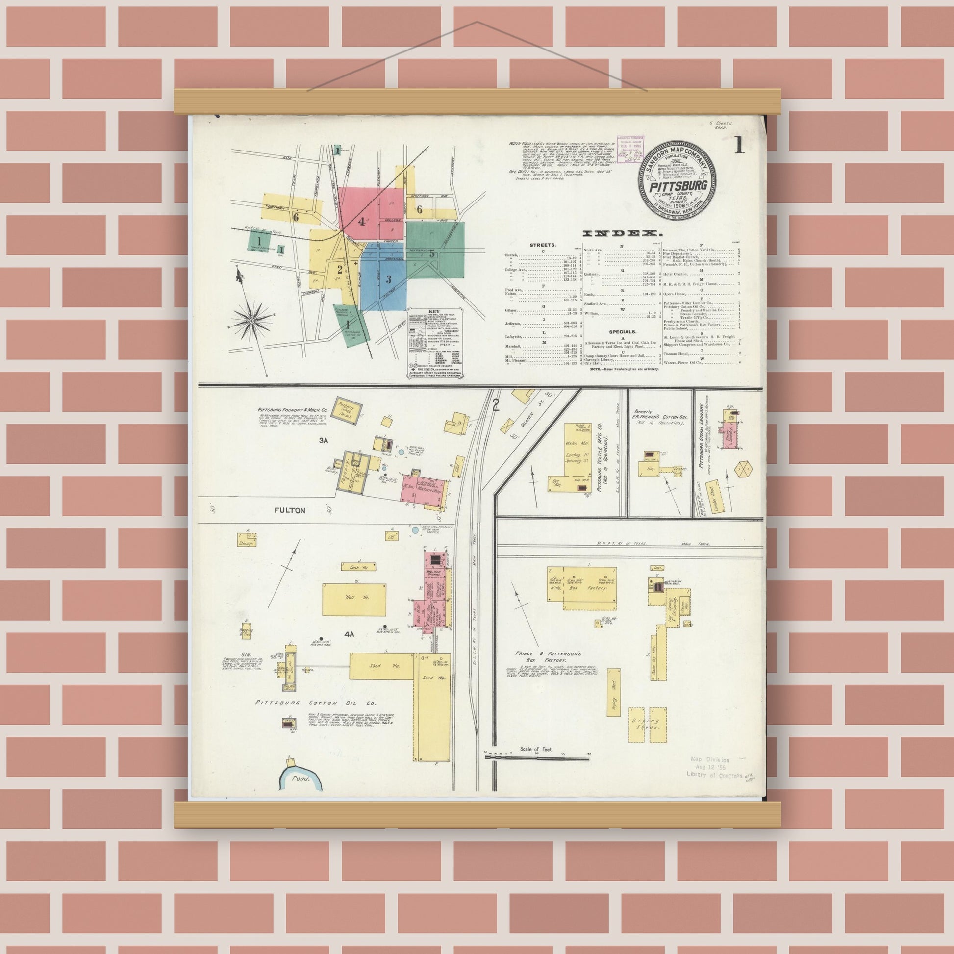 Old map wall art mockup — magnetic wood frame on brick wall — Sanborn Fire Insurance Map from Pittsburg, Camp County, Texas (1906), Sheet #0001