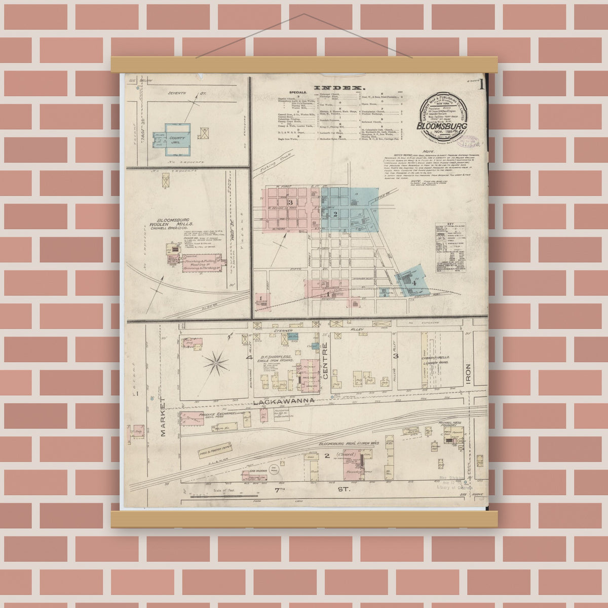 Old map wall art mockup — magnetic wood frame on brick wall — Sanborn Fire Insurance Map from Bloomsburg, Columbia County, Pennsylvania (1885) - Complete Map Set
