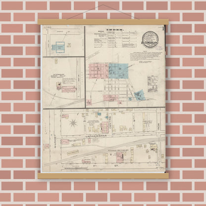 Old map wall art mockup — magnetic wood frame on brick wall — Sanborn Fire Insurance Map from Bloomsburg, Columbia County, Pennsylvania (1885) - Complete Map Set