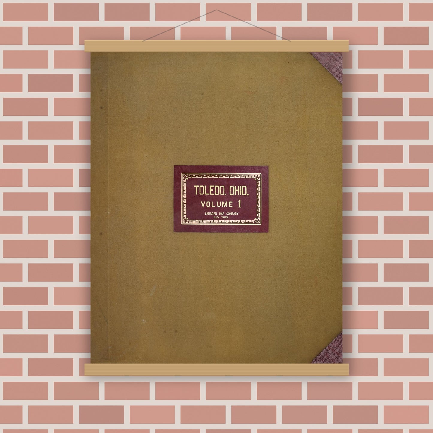 Old map wall art mockup — magnetic wood frame on brick wall — Sanborn Fire Insurance Map from Toledo, Lucas County, Ohio (1951), Sheet #0001