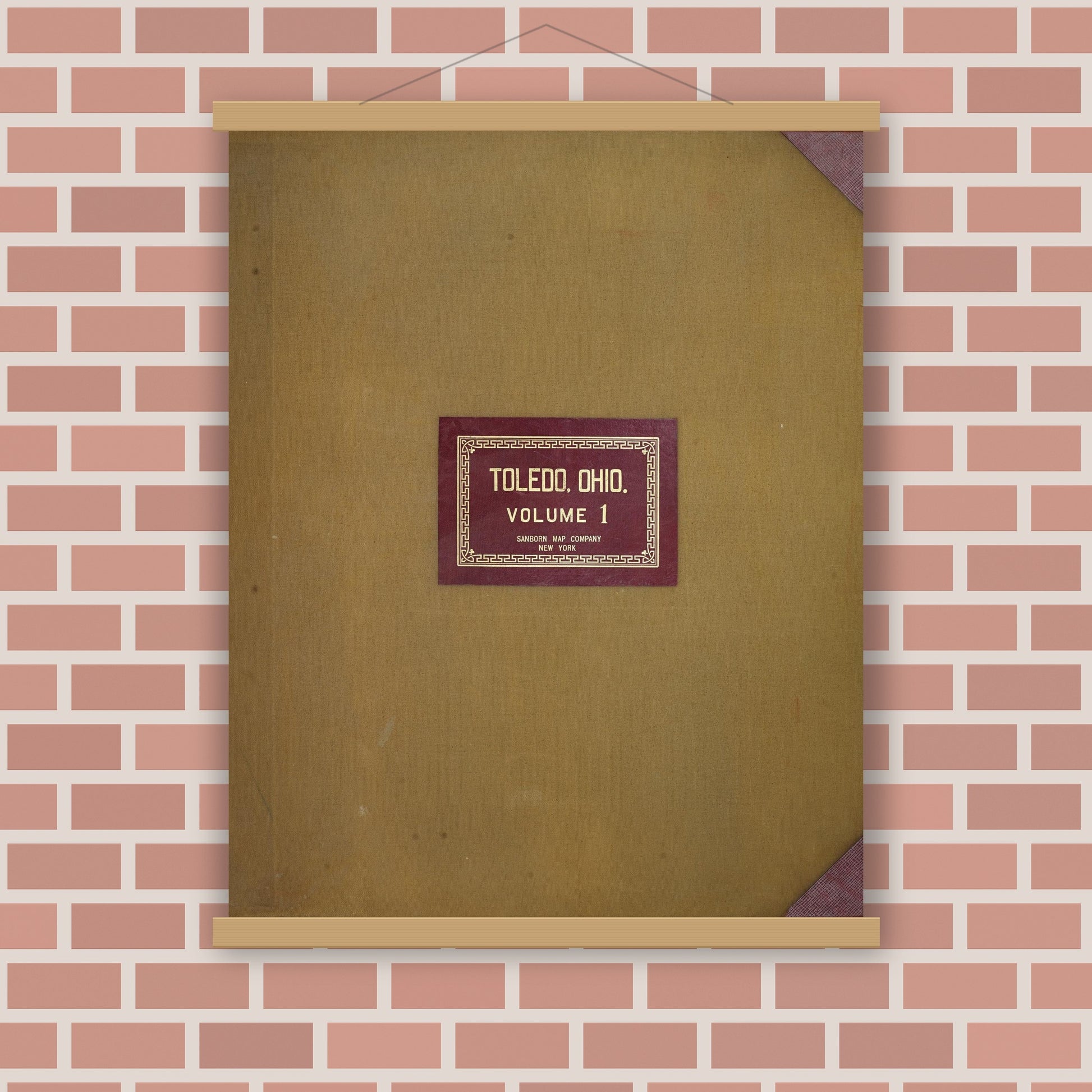 Old map wall art mockup — magnetic wood frame on brick wall — Sanborn Fire Insurance Map from Toledo, Lucas County, Ohio (1951), Sheet #0001