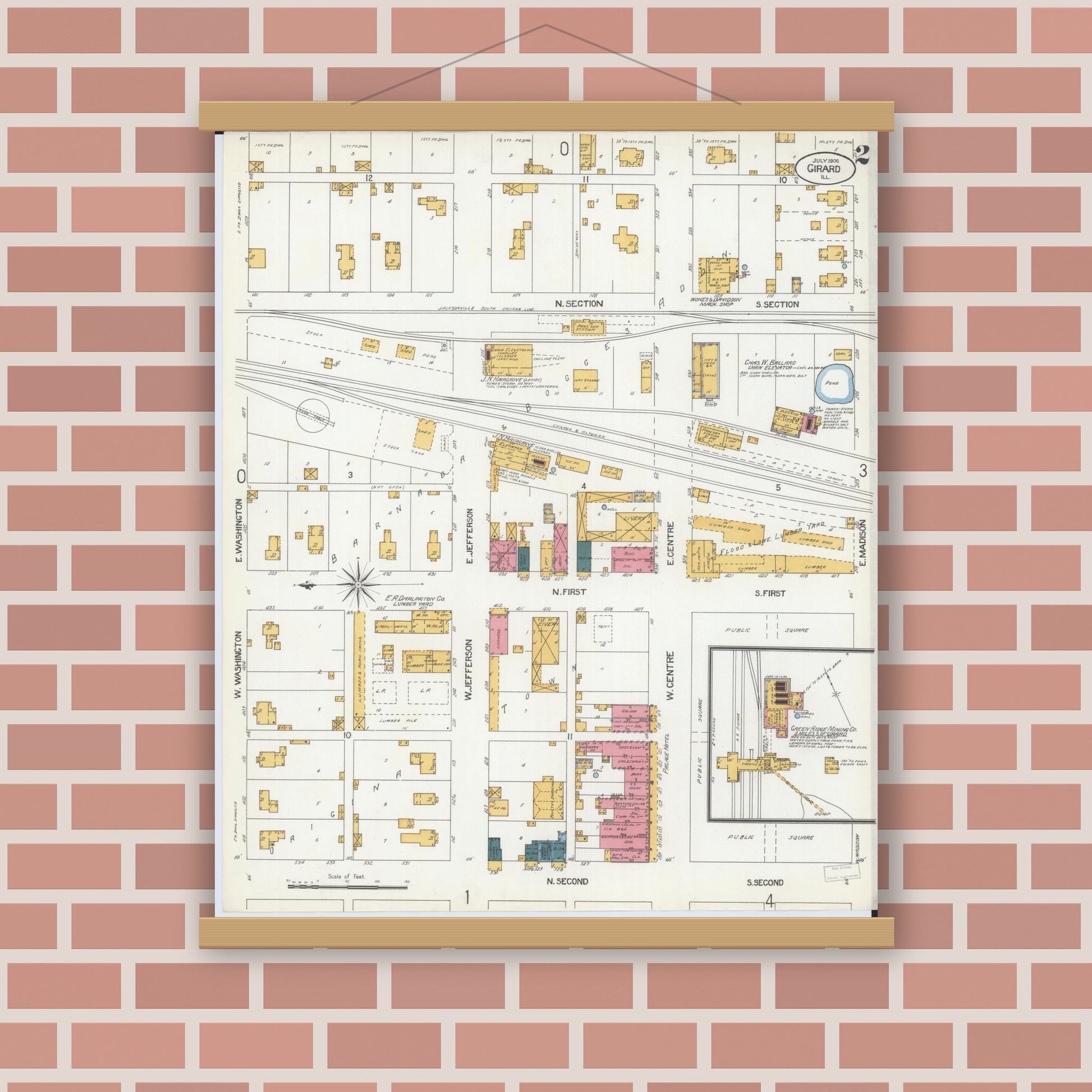 Old map wall art mockup — magnetic wood frame on brick wall — Sanborn Fire Insurance Map from Girard, Macoupin County, Illinois (1906), Sheet #0002