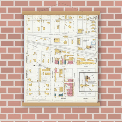 Old map wall art mockup — magnetic wood frame on brick wall — Sanborn Fire Insurance Map from Girard, Macoupin County, Illinois (1906), Sheet #0002