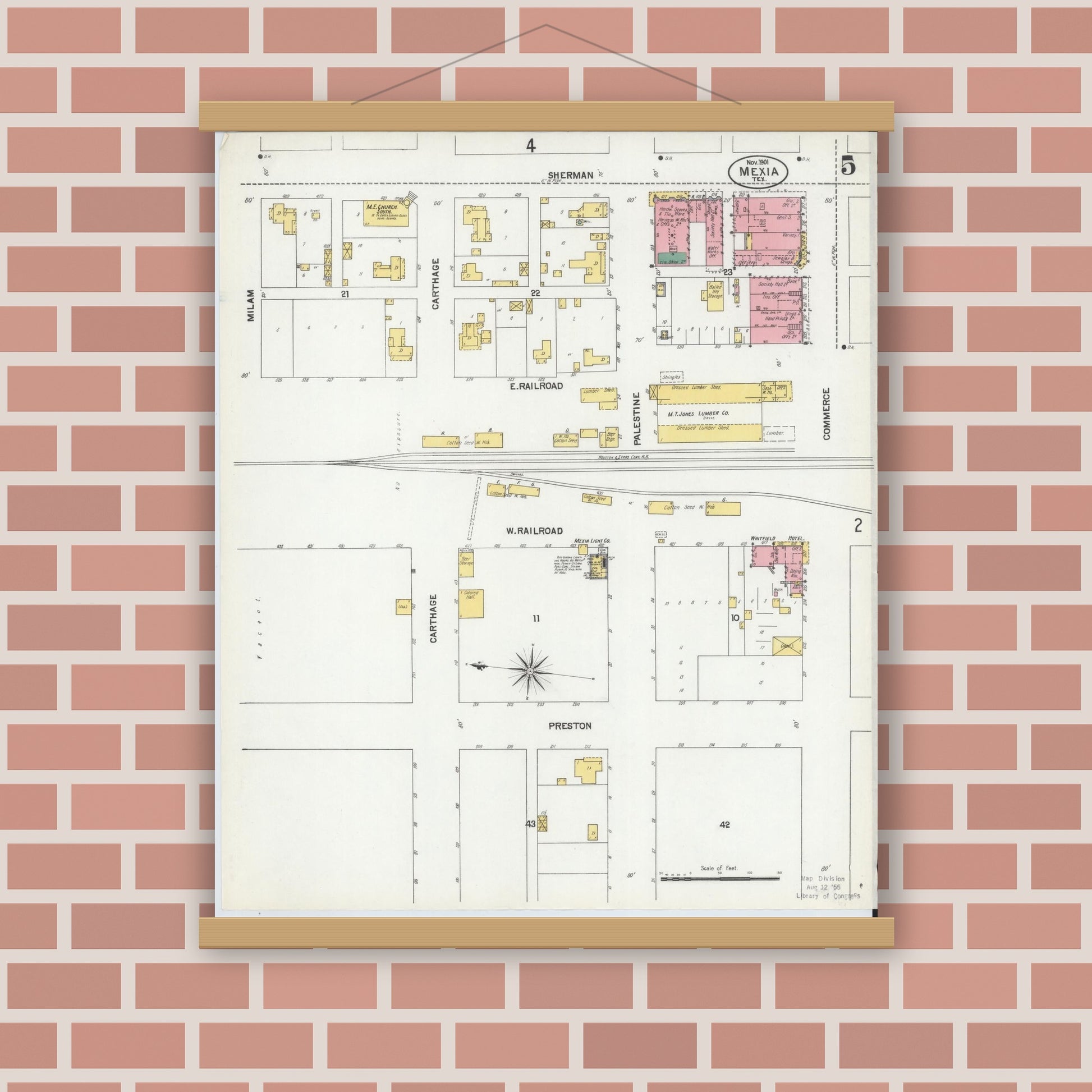 Old map wall art mockup — magnetic wood frame on brick wall — Sanborn Fire Insurance Map from Mexia, Limestone County, Texas (1901), Sheet #0005