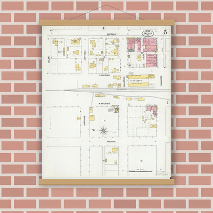 Old map wall art mockup — magnetic wood frame on brick wall — Sanborn Fire Insurance Map from Mexia, Limestone County, Texas (1901), Sheet #0005