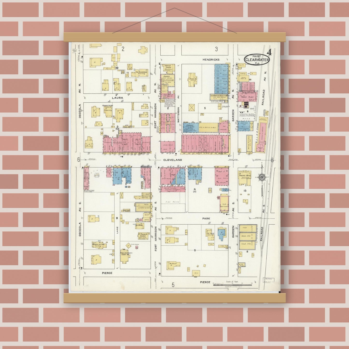 Old map wall art mockup — magnetic wood frame on brick wall — Sanborn Fire Insurance Map from Clearwater, Pinellas County, Florida (1917), Sheet #0004