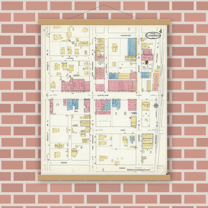 Old map wall art mockup — magnetic wood frame on brick wall — Sanborn Fire Insurance Map from Clearwater, Pinellas County, Florida (1917), Sheet #0004