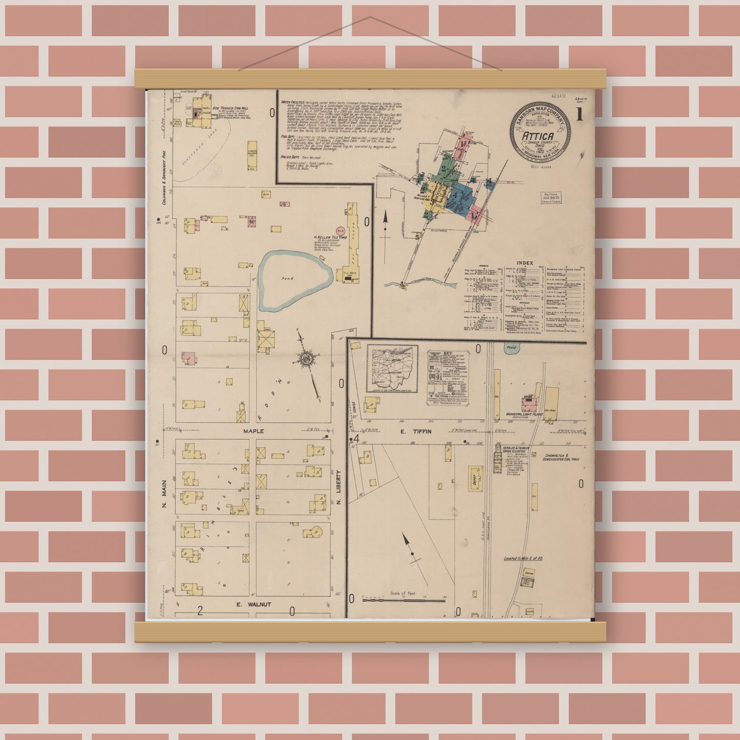 Old map wall art mockup — magnetic wood frame on brick wall — Sanborn Fire Insurance Map from Attica, Seneca County, Ohio (1922), Sheet #0001