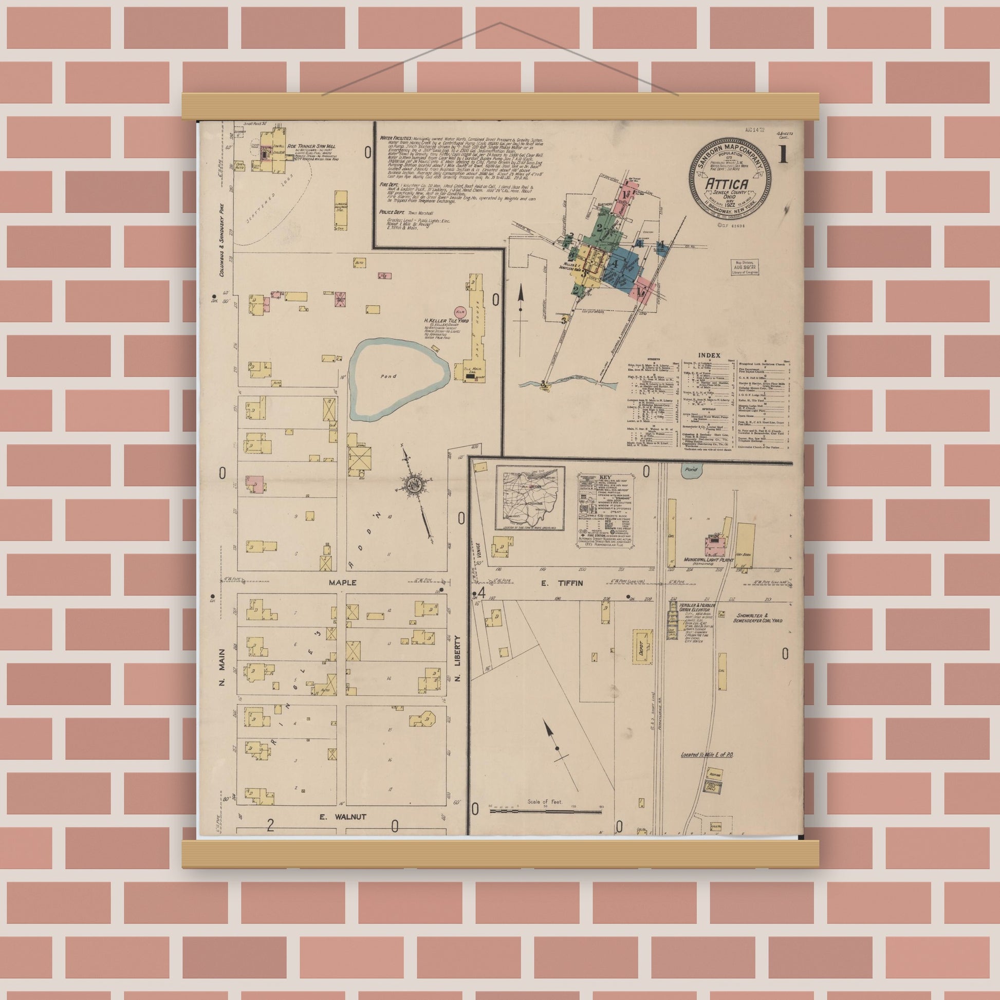Old map wall art mockup — magnetic wood frame on brick wall — Sanborn Fire Insurance Map from Attica, Seneca County, Ohio (1922), Sheet #0001
