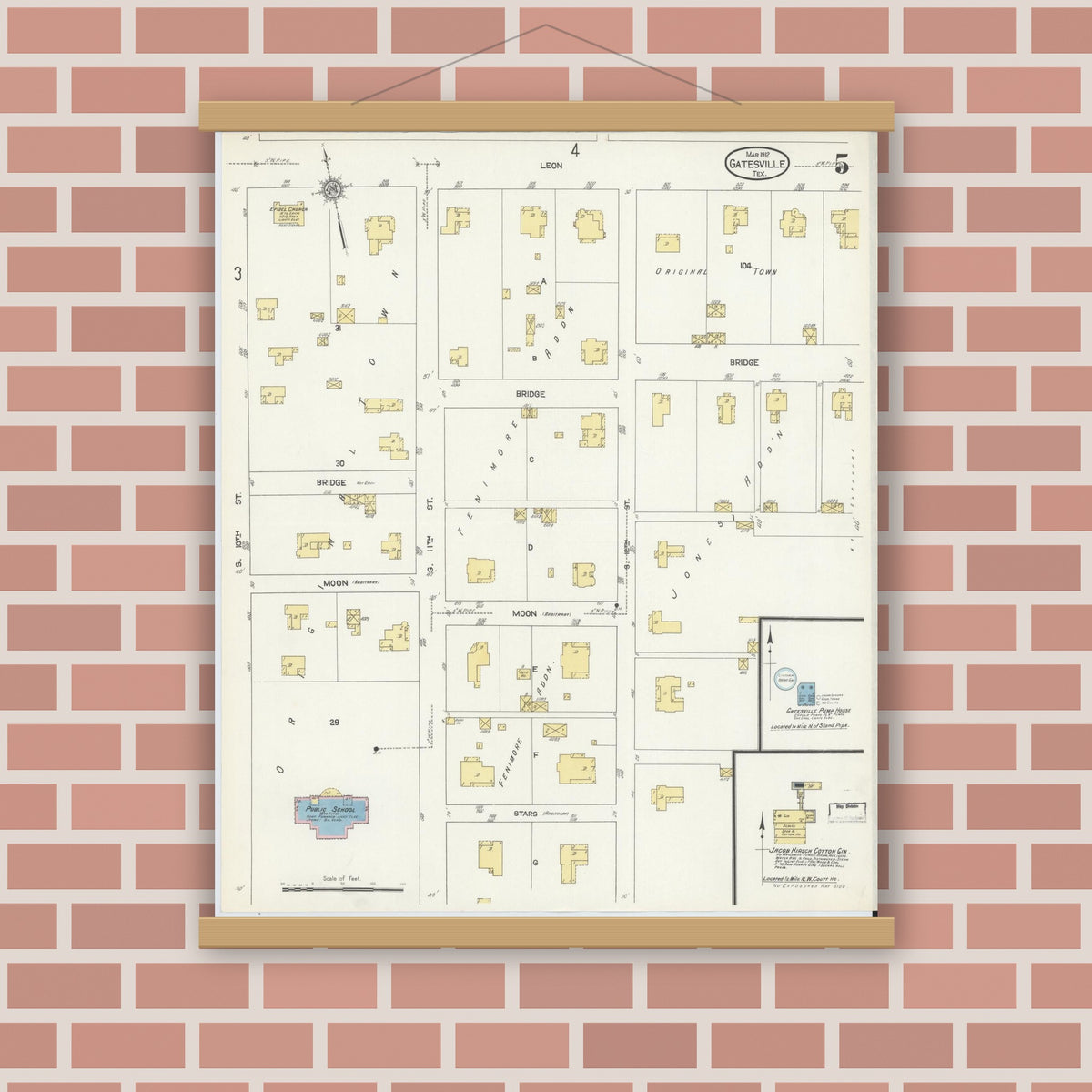 Old map wall art mockup — magnetic wood frame on brick wall — Sanborn Fire Insurance Map from Gatesville, Coryell County, Texas (1912), Sheet #0005