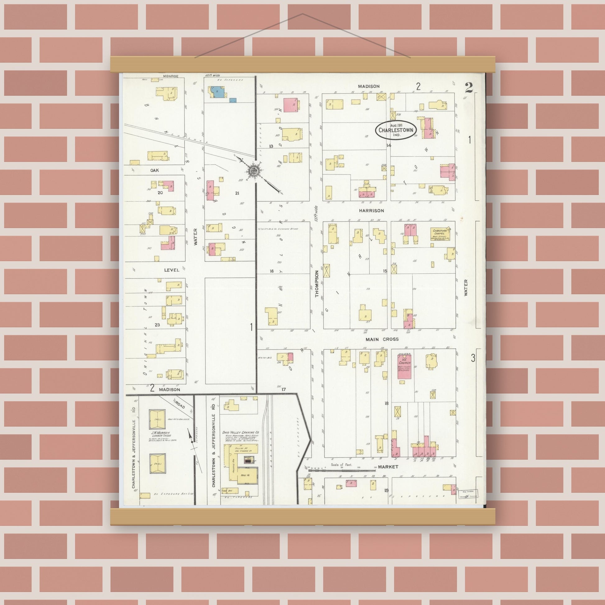 Old map wall art mockup — magnetic wood frame on brick wall — Sanborn Fire Insurance Map from Charlestown, Clark County, Indiana (1911), Sheet #0002