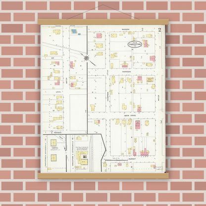 Old map wall art mockup — magnetic wood frame on brick wall — Sanborn Fire Insurance Map from Charlestown, Clark County, Indiana (1911), Sheet #0002