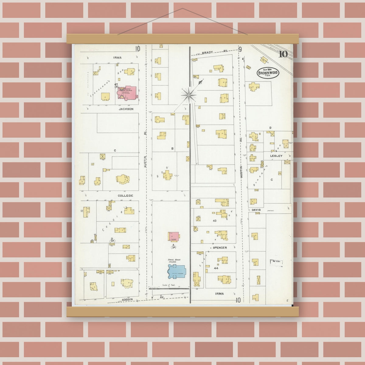 Old map wall art mockup — magnetic wood frame on brick wall — Sanborn Fire Insurance Map from Brownwood, Brown County, Texas (1904), Sheet #0010