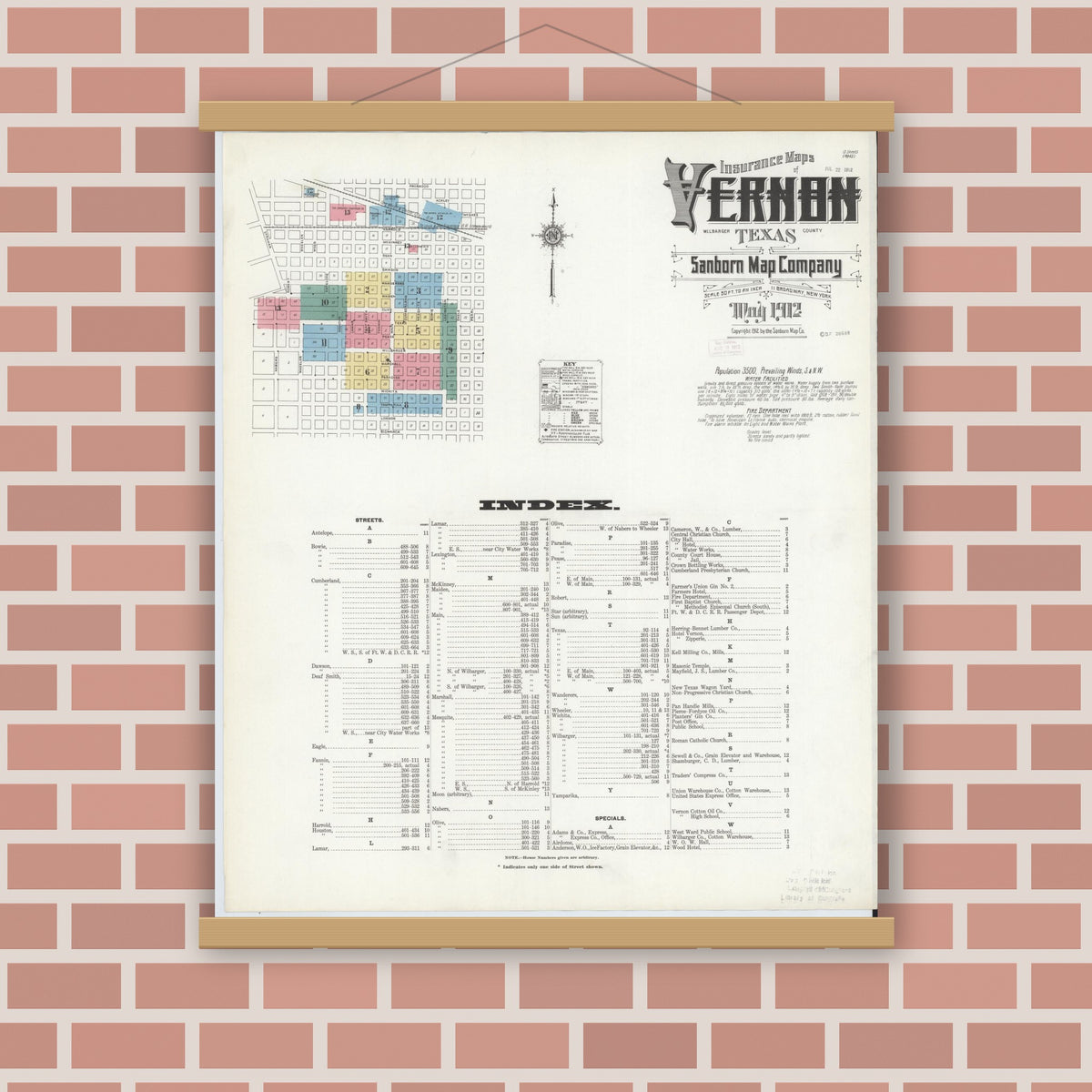 Old map wall art mockup — magnetic wood frame on brick wall — Sanborn Fire Insurance Map from Vernon, Wilbarger County, Texas (1912), Sheet #0001