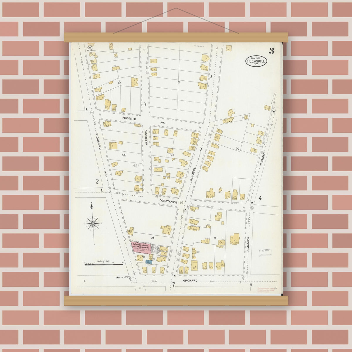 Old map wall art mockup — magnetic wood frame on brick wall — Sanborn Fire Insurance Map from Peekskill, Westchester County, New York (1905), Sheet #0003