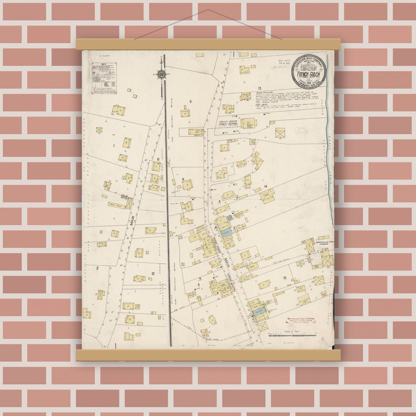 Old map wall art mockup — magnetic wood frame on brick wall — Sanborn Fire Insurance Map from French Gulch, Shasta County, California (1912), Sheet #0001