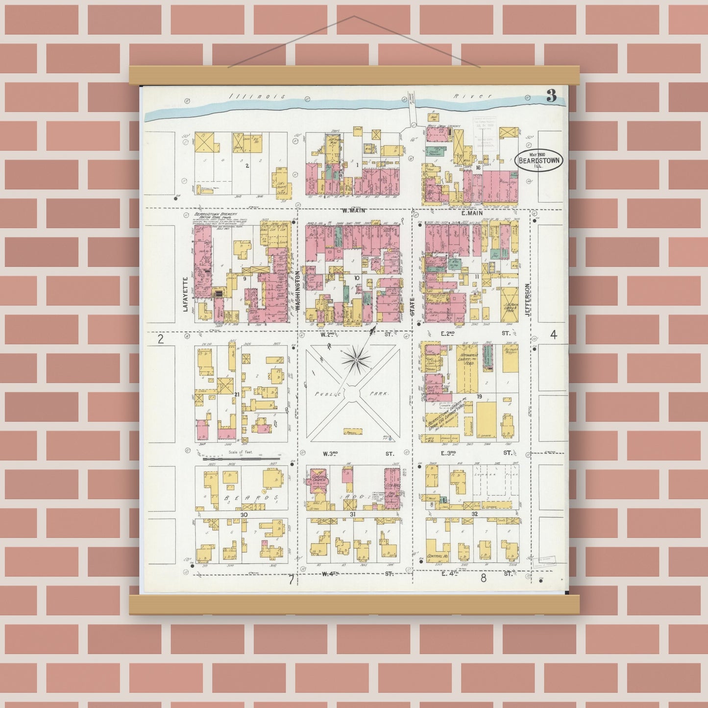 Old map wall art mockup — magnetic wood frame on brick wall — Sanborn Fire Insurance Map from Beardstown, Cass County, Illinois (1900), Sheet #0003