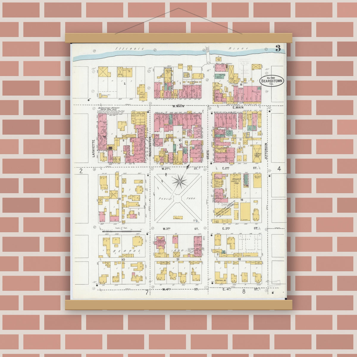 Old map wall art mockup — magnetic wood frame on brick wall — Sanborn Fire Insurance Map from Beardstown, Cass County, Illinois (1900), Sheet #0003