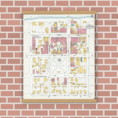 Old map wall art mockup — magnetic wood frame on brick wall — Sanborn Fire Insurance Map from Beardstown, Cass County, Illinois (1900), Sheet #0003