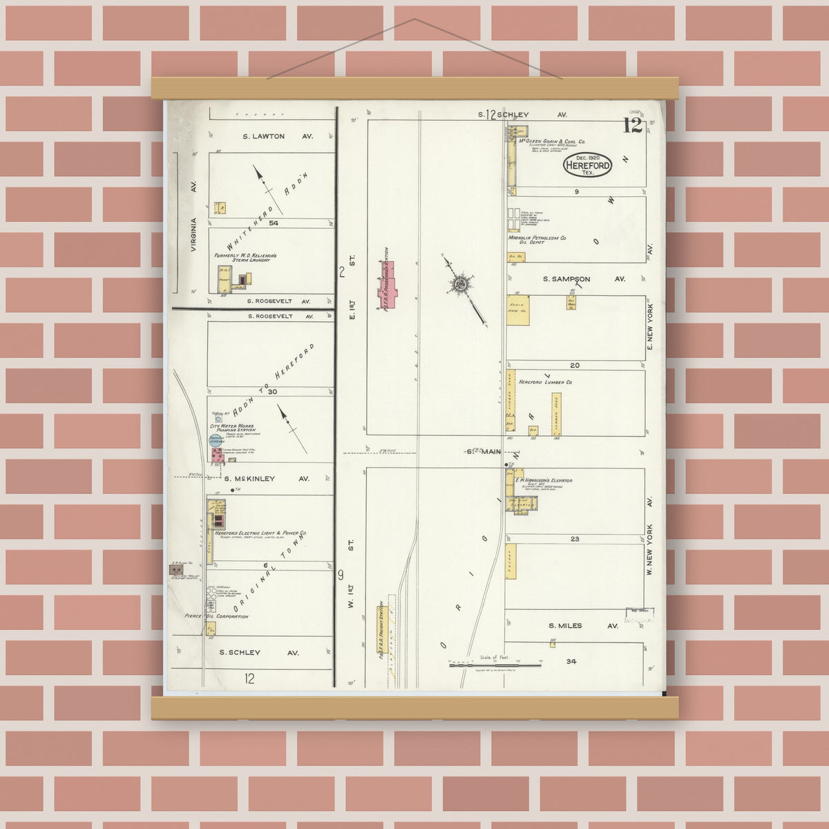 Old map wall art mockup — magnetic wood frame on brick wall — Sanborn Fire Insurance Map from Hereford, Deaf Smith County, Texas (1920), Sheet #0012