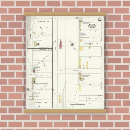Old map wall art mockup — magnetic wood frame on brick wall — Sanborn Fire Insurance Map from Hereford, Deaf Smith County, Texas (1920), Sheet #0012