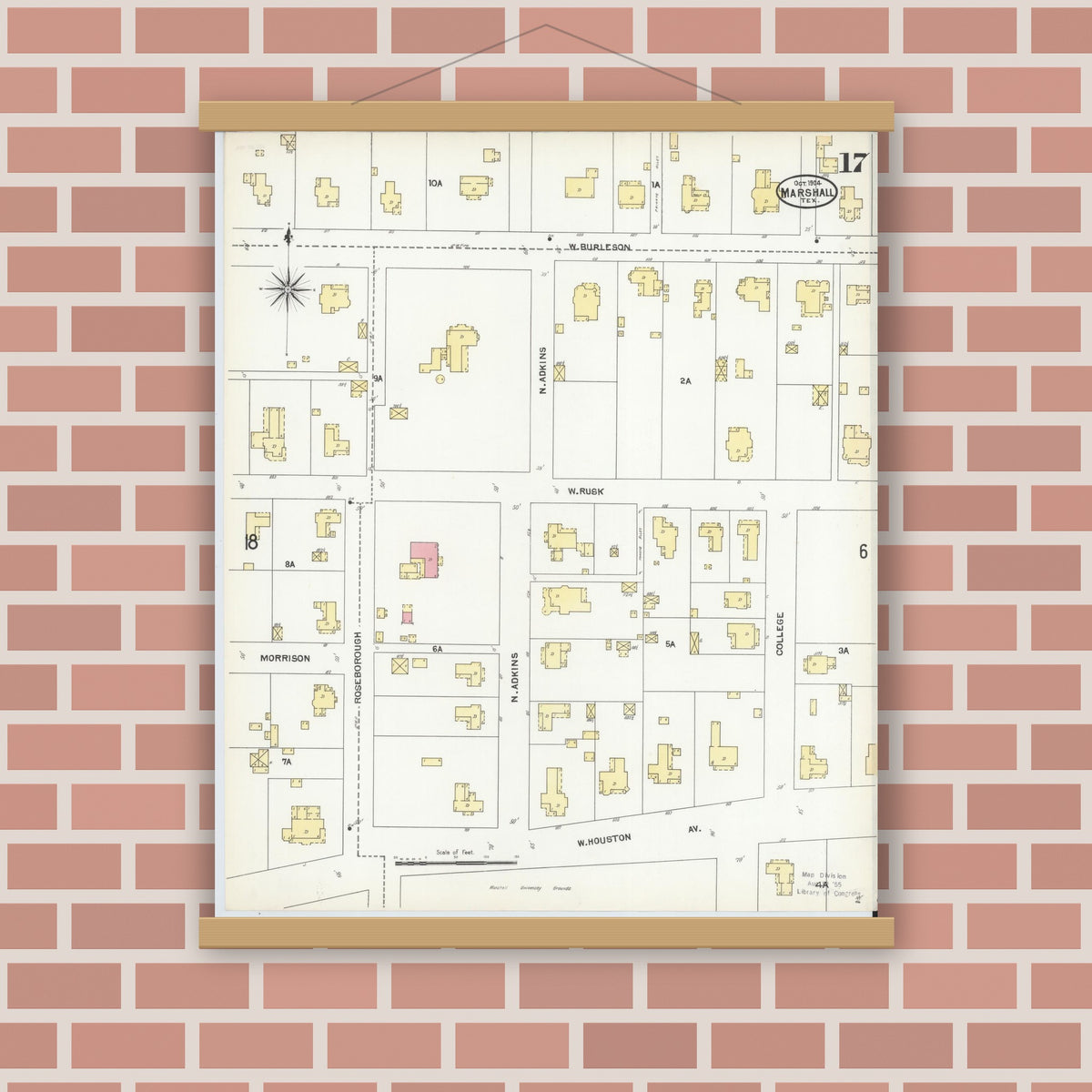 Old map wall art mockup — magnetic wood frame on brick wall — Sanborn Fire Insurance Map from Marshall, Harrison County, Texas (1904), Sheet #0017