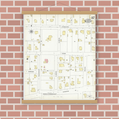 Old map wall art mockup — magnetic wood frame on brick wall — Sanborn Fire Insurance Map from Marshall, Harrison County, Texas (1904), Sheet #0017