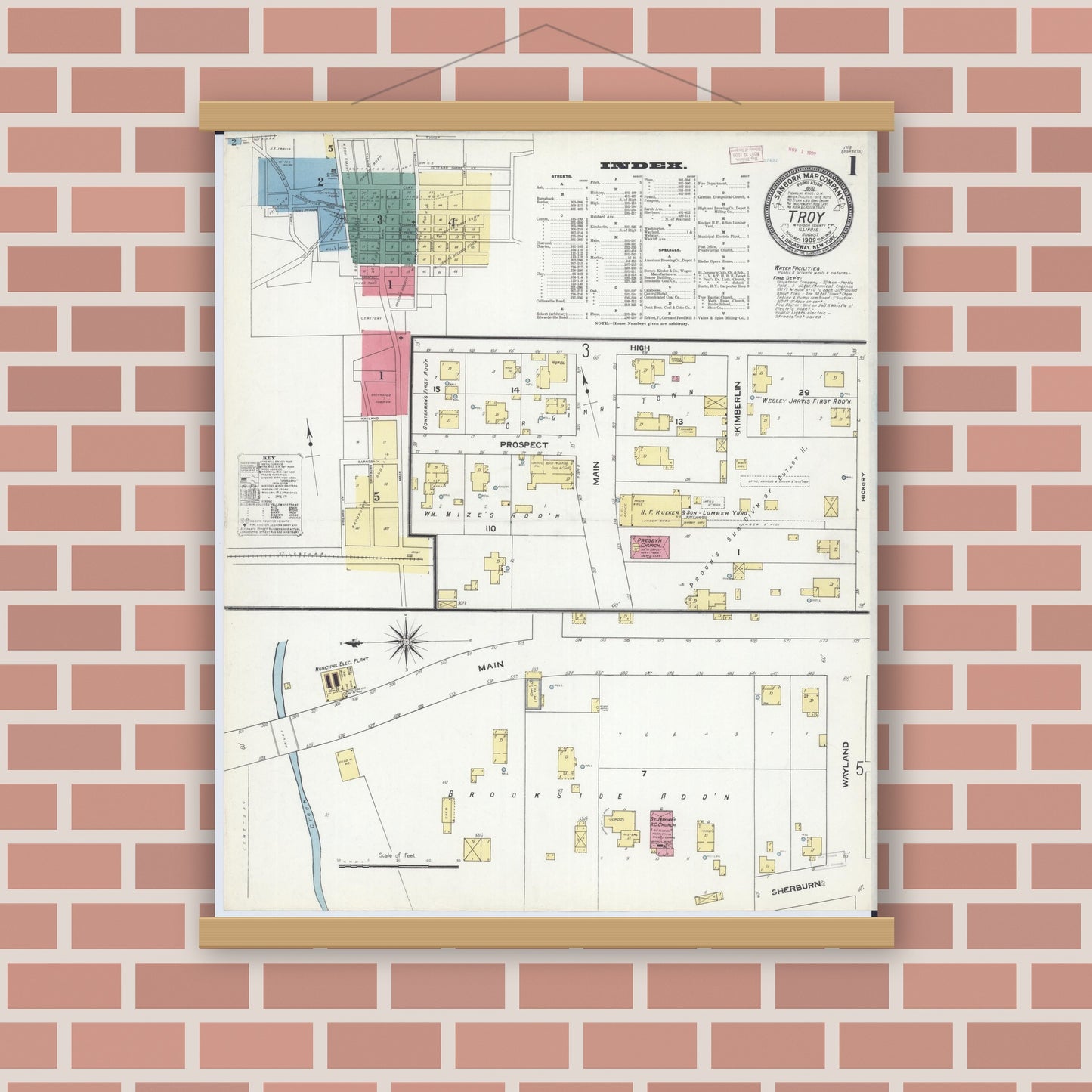 Old map wall art mockup — magnetic wood frame on brick wall — Sanborn Fire Insurance Map from Troy, Madison County, Illinois (1909) - Complete Map Set
