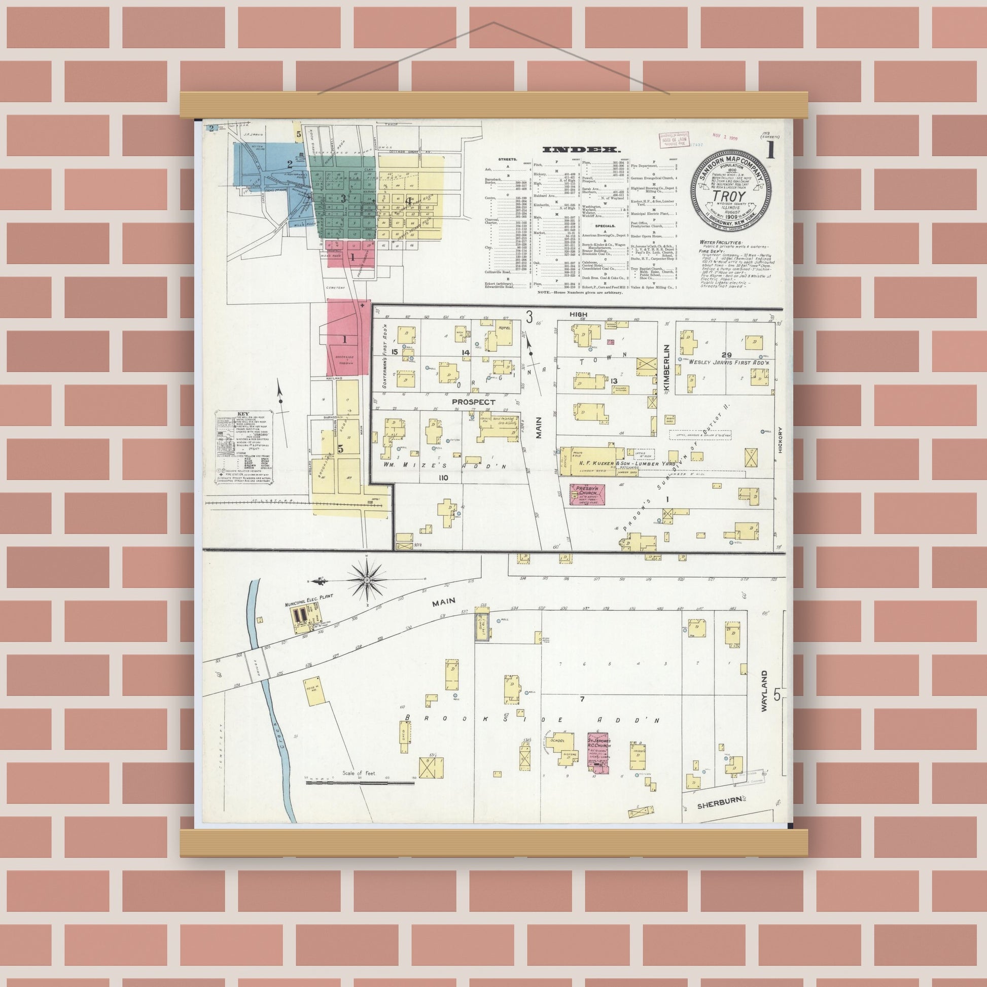 Old map wall art mockup — magnetic wood frame on brick wall — Sanborn Fire Insurance Map from Troy, Madison County, Illinois (1909) - Complete Map Set