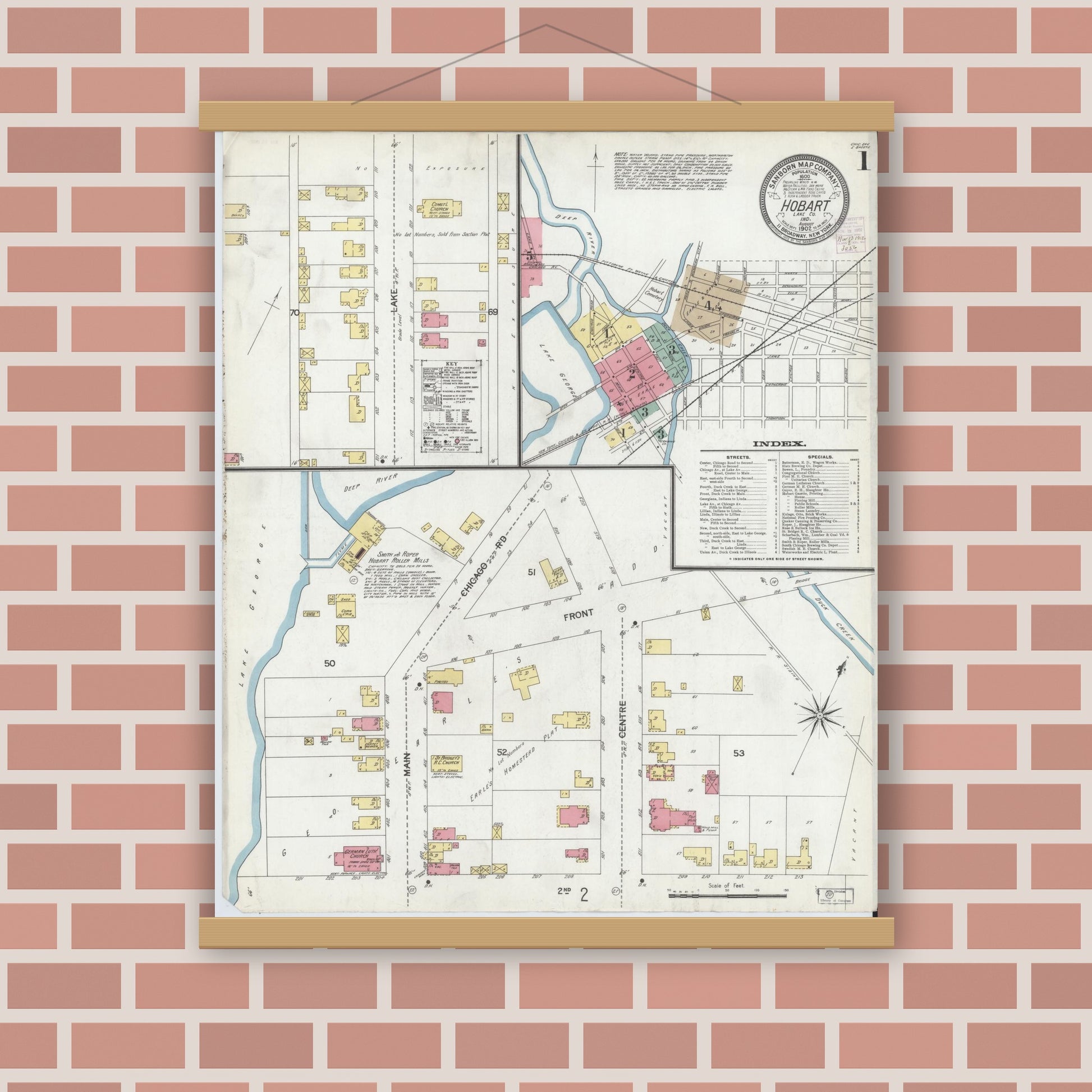 Old map wall art mockup — magnetic wood frame on brick wall — Sanborn Fire Insurance Map from Hobart, Lake County, Indiana (1902) - Complete Map Set