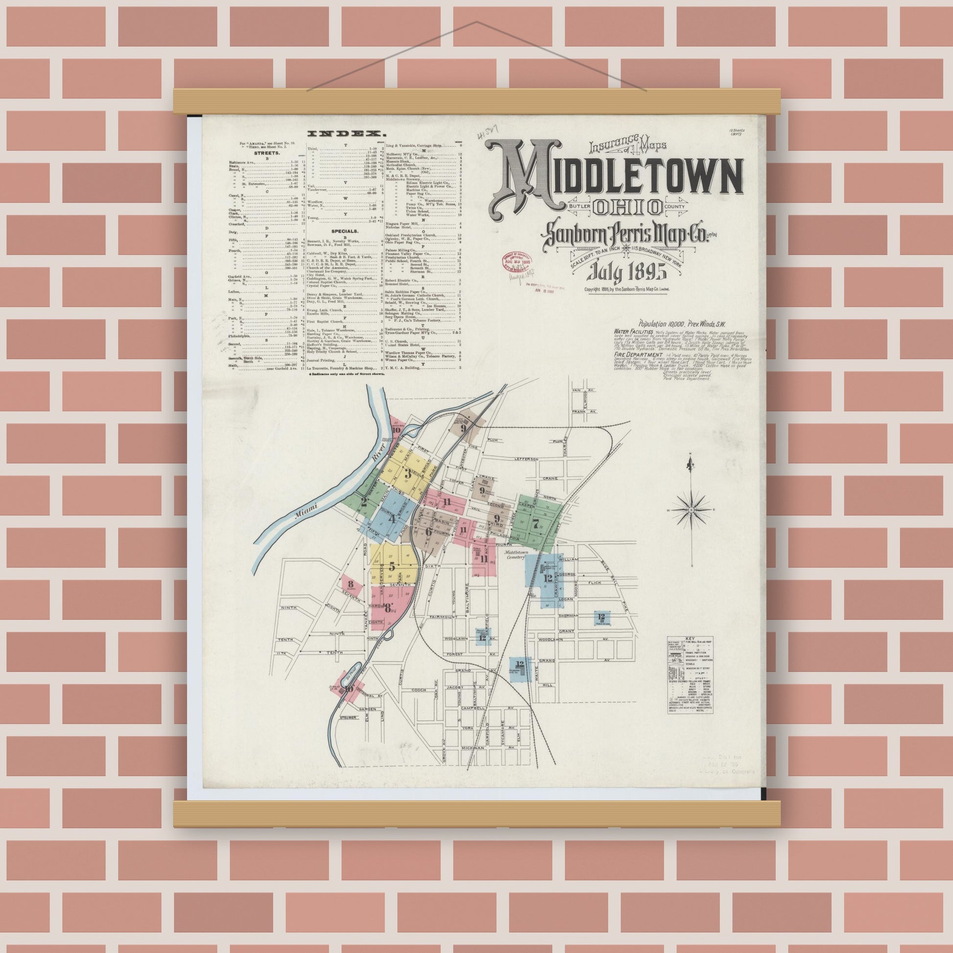 Old map wall art mockup — magnetic wood frame on brick wall — Sanborn Fire Insurance Map from Middletown, Butler County, Ohio (1895) - Complete Map Set