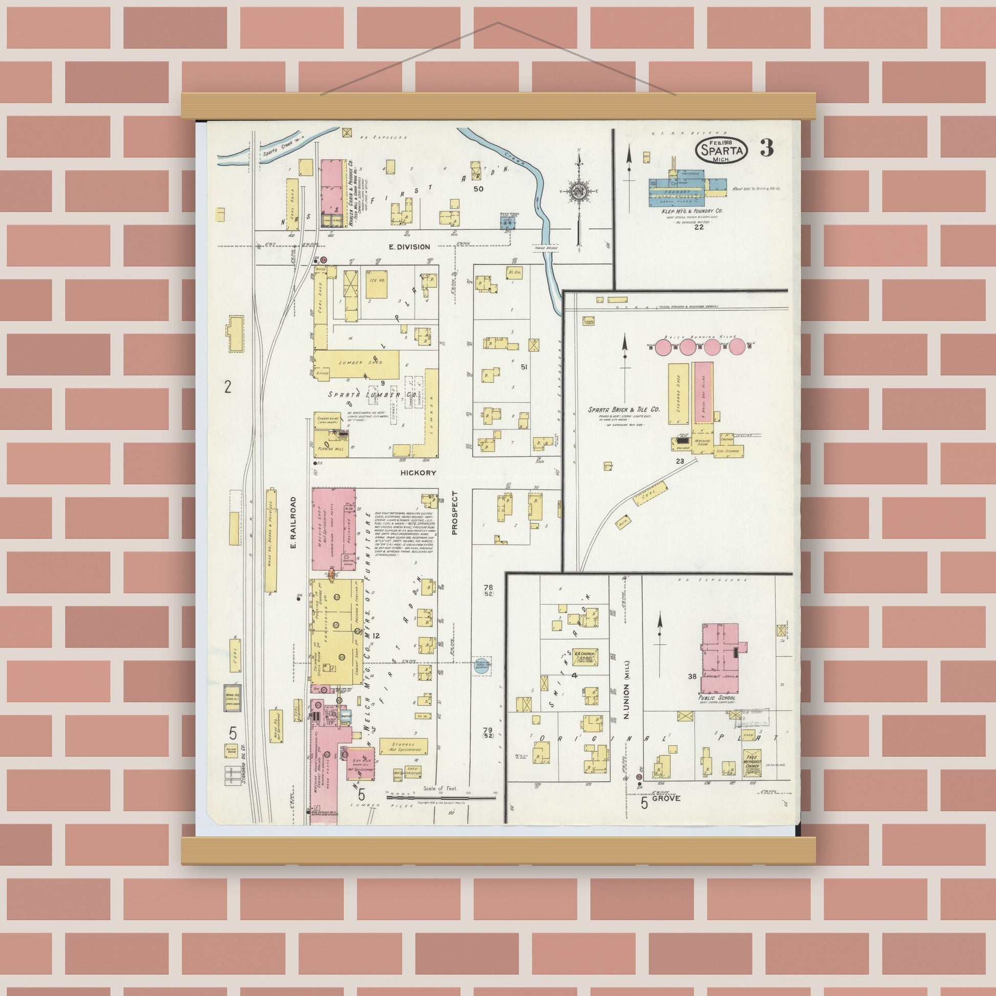 Old map wall art mockup — magnetic wood frame on brick wall — Sanborn Fire Insurance Map from Sparta, Kent County, Michigan (1918), Sheet #0003