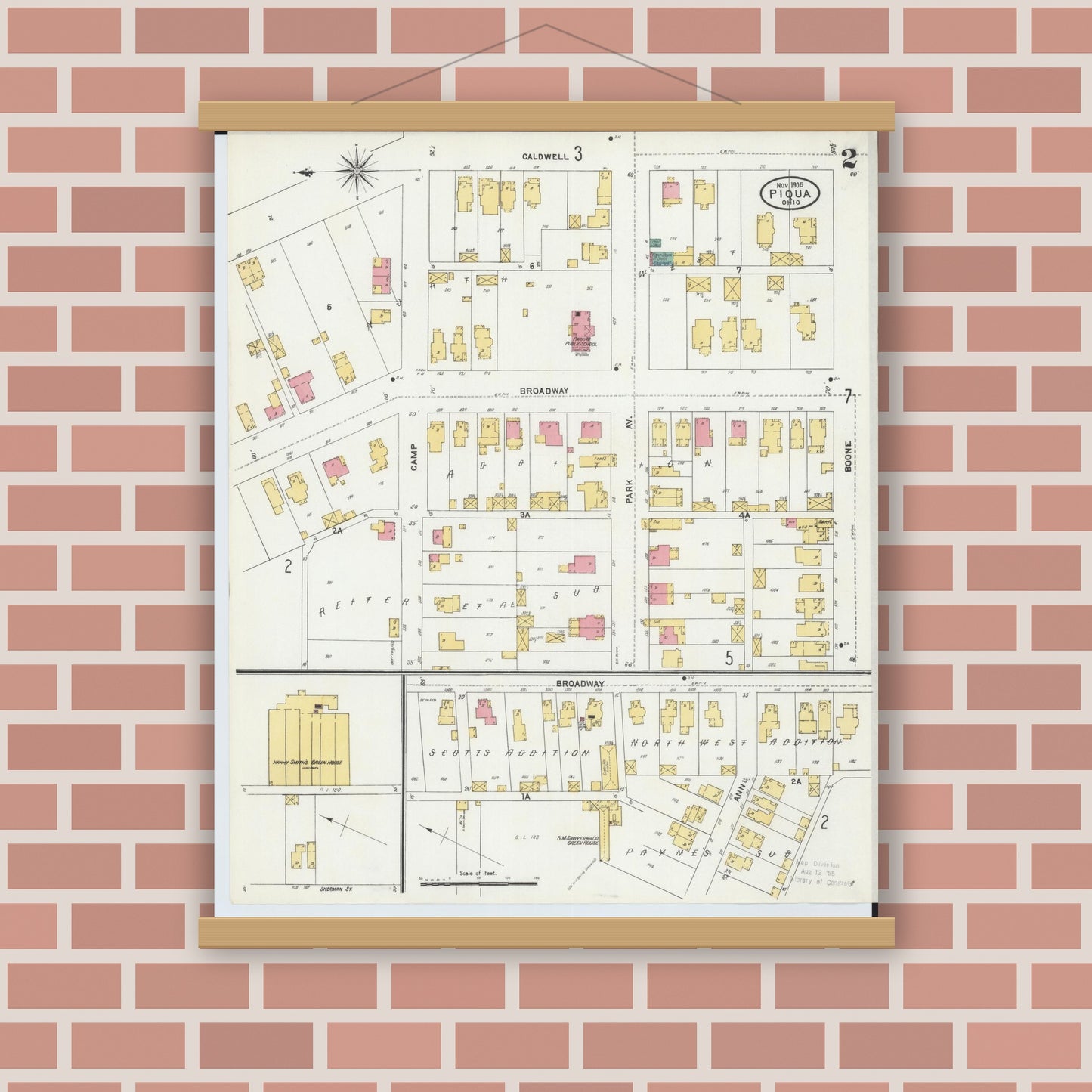 Old map wall art mockup — magnetic wood frame on brick wall — Sanborn Fire Insurance Map from Piqua, Miami County, Ohio (1905), Sheet #0002