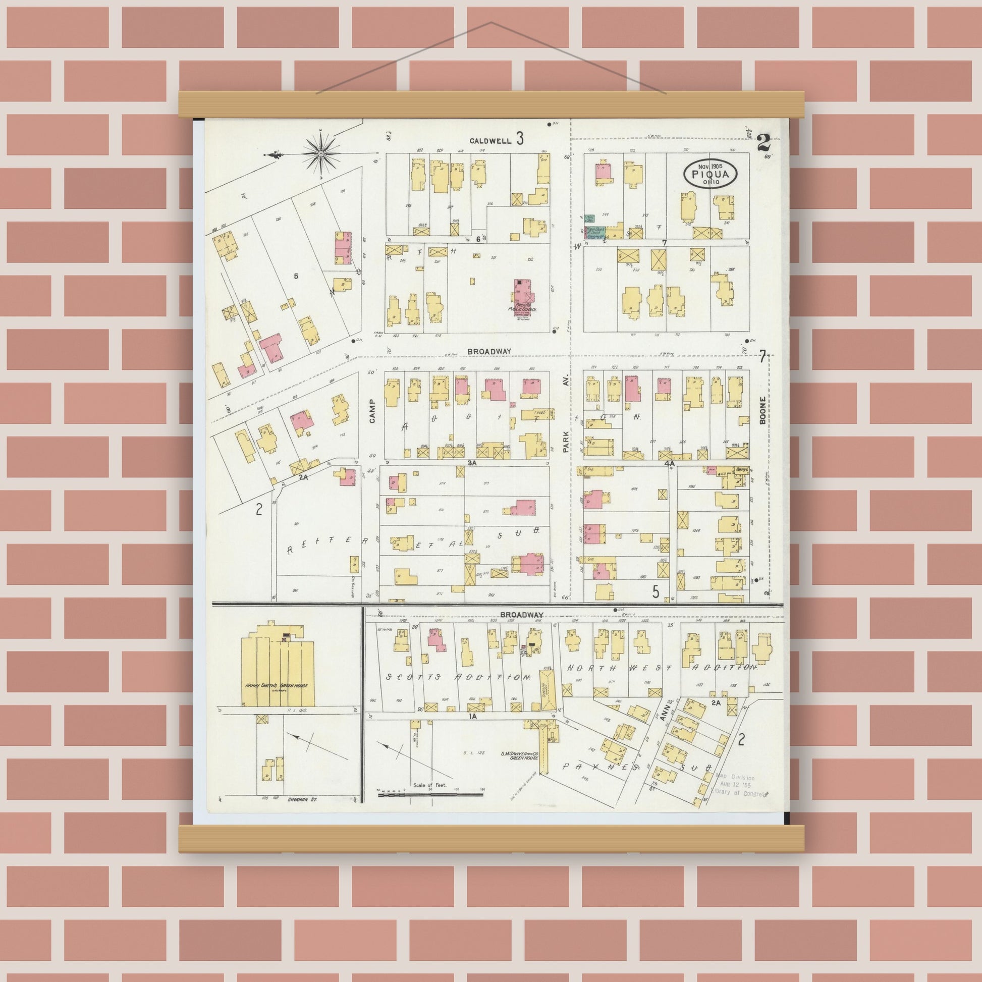 Old map wall art mockup — magnetic wood frame on brick wall — Sanborn Fire Insurance Map from Piqua, Miami County, Ohio (1905), Sheet #0002