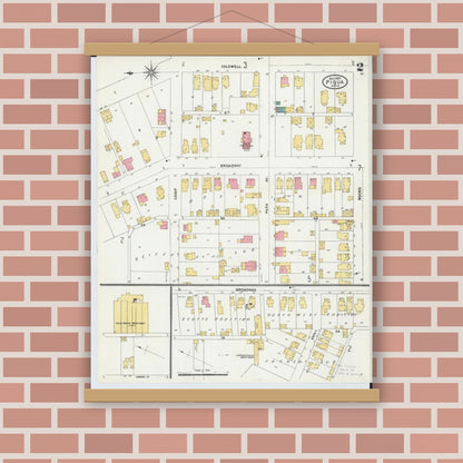 Old map wall art mockup — magnetic wood frame on brick wall — Sanborn Fire Insurance Map from Piqua, Miami County, Ohio (1905), Sheet #0002