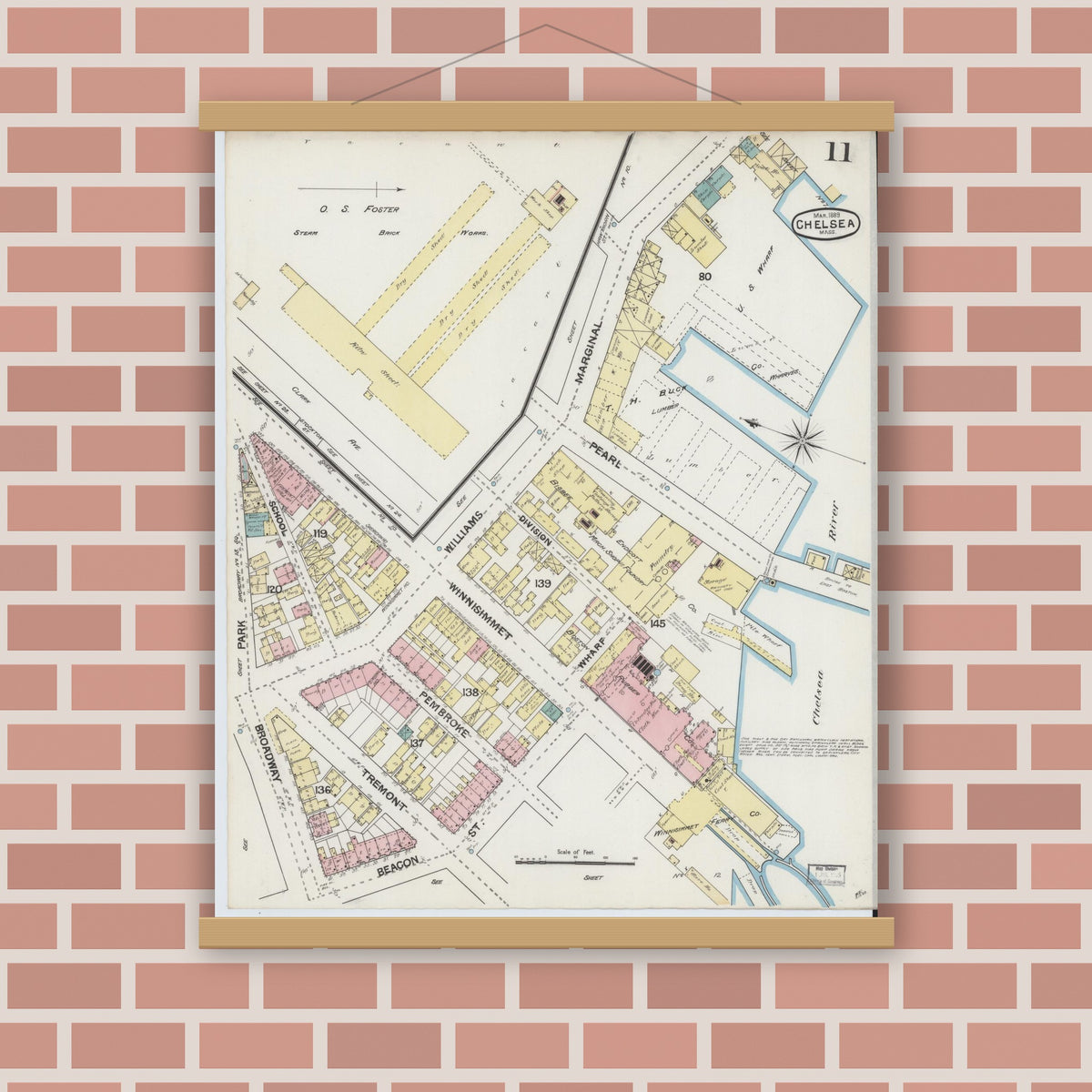Old map wall art mockup — magnetic wood frame on brick wall — Sanborn Fire Insurance Map from Chelsea, Suffolk County, Massachusetts (1889), Sheet #0011