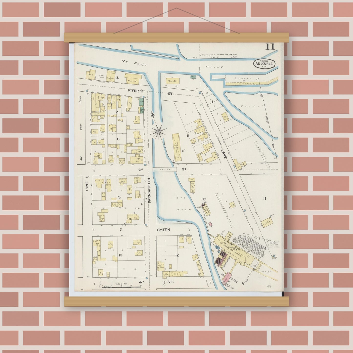 Old map wall art mockup — magnetic wood frame on brick wall — Sanborn Fire Insurance Map from Oscoda, Iosco County, Michigan (1890), Sheet #0011