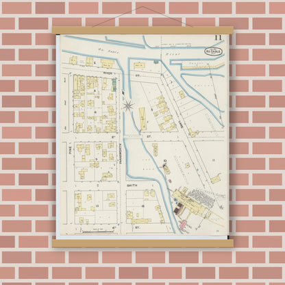 Old map wall art mockup — magnetic wood frame on brick wall — Sanborn Fire Insurance Map from Oscoda, Iosco County, Michigan (1890), Sheet #0011