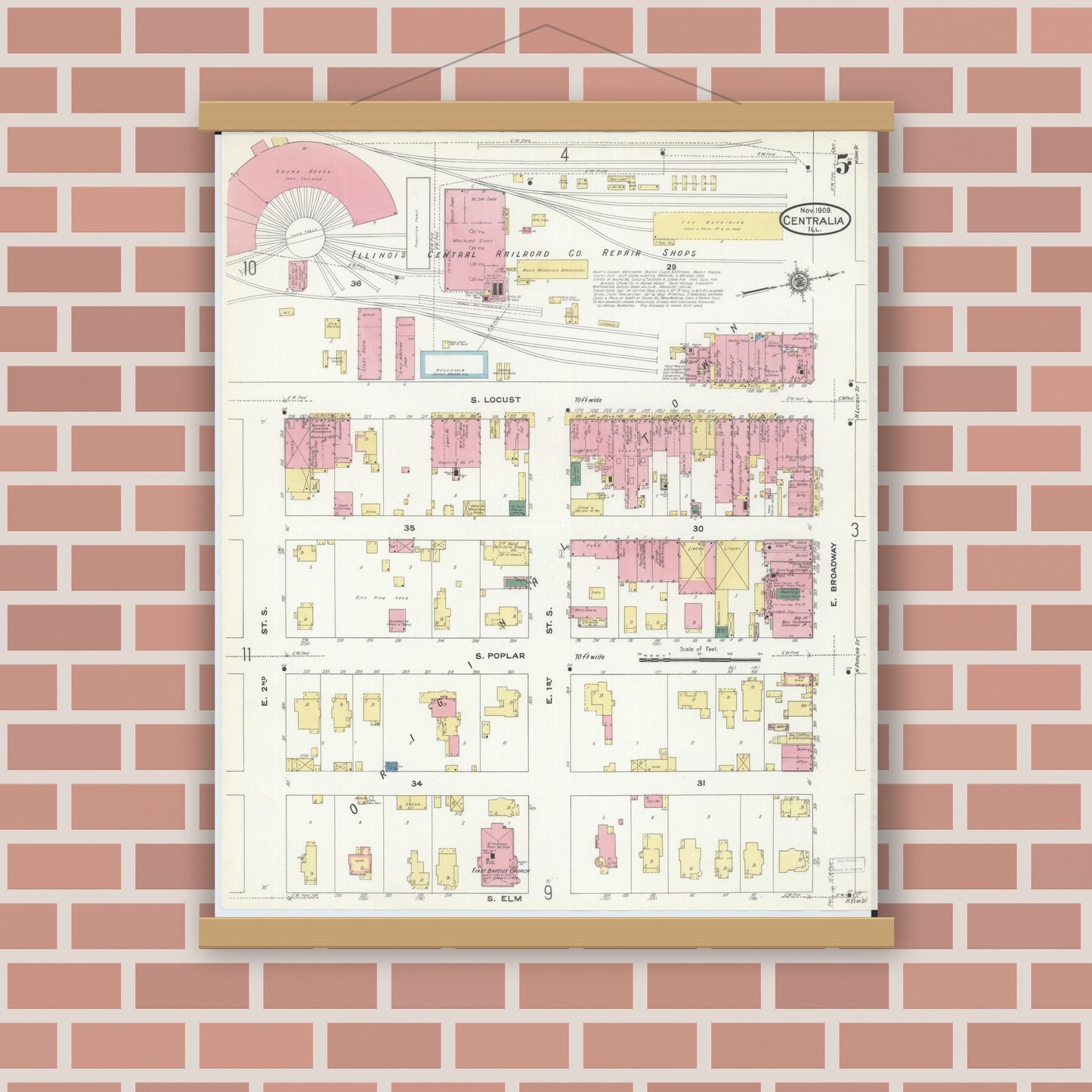 Old map wall art mockup — magnetic wood frame on brick wall — Sanborn Fire Insurance Map from Centralia, Marion, Clinton, Jefferson, and Washington Counties, Illinois (1909), Sheet #0005