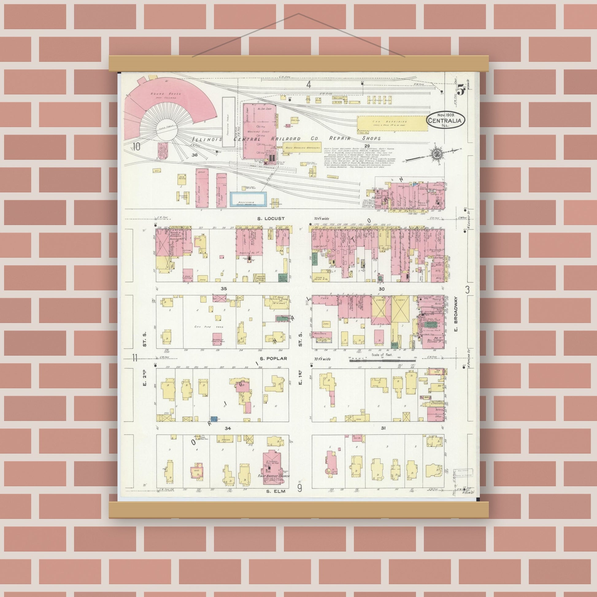 Old map wall art mockup — magnetic wood frame on brick wall — Sanborn Fire Insurance Map from Centralia, Marion, Clinton, Jefferson, and Washington Counties, Illinois (1909), Sheet #0005