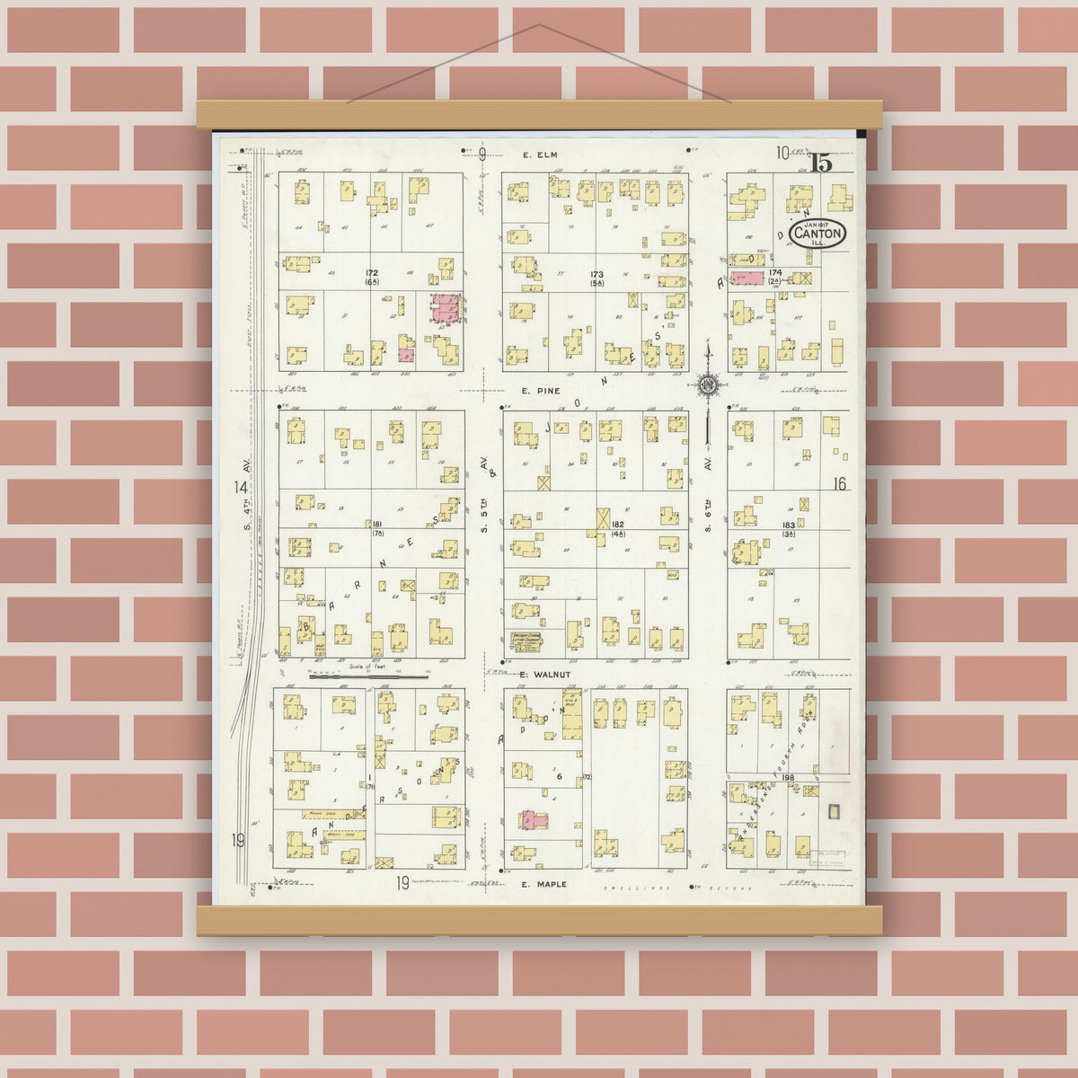 Old map wall art mockup — magnetic wood frame on brick wall — Sanborn Fire Insurance Map from Canton, Fulton County, Illinois (1917), Sheet #0015