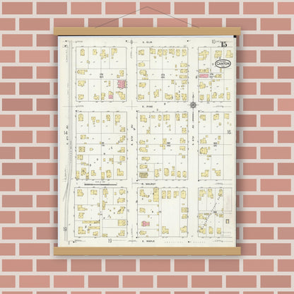 Old map wall art mockup — magnetic wood frame on brick wall — Sanborn Fire Insurance Map from Canton, Fulton County, Illinois (1917), Sheet #0015