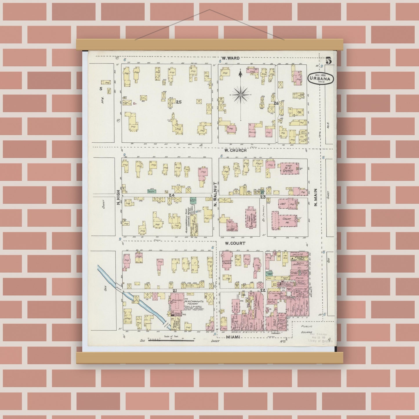 Old map wall art mockup — magnetic wood frame on brick wall — Sanborn Fire Insurance Map from Urbana, Champaign County, Ohio (1890), Sheet #0005