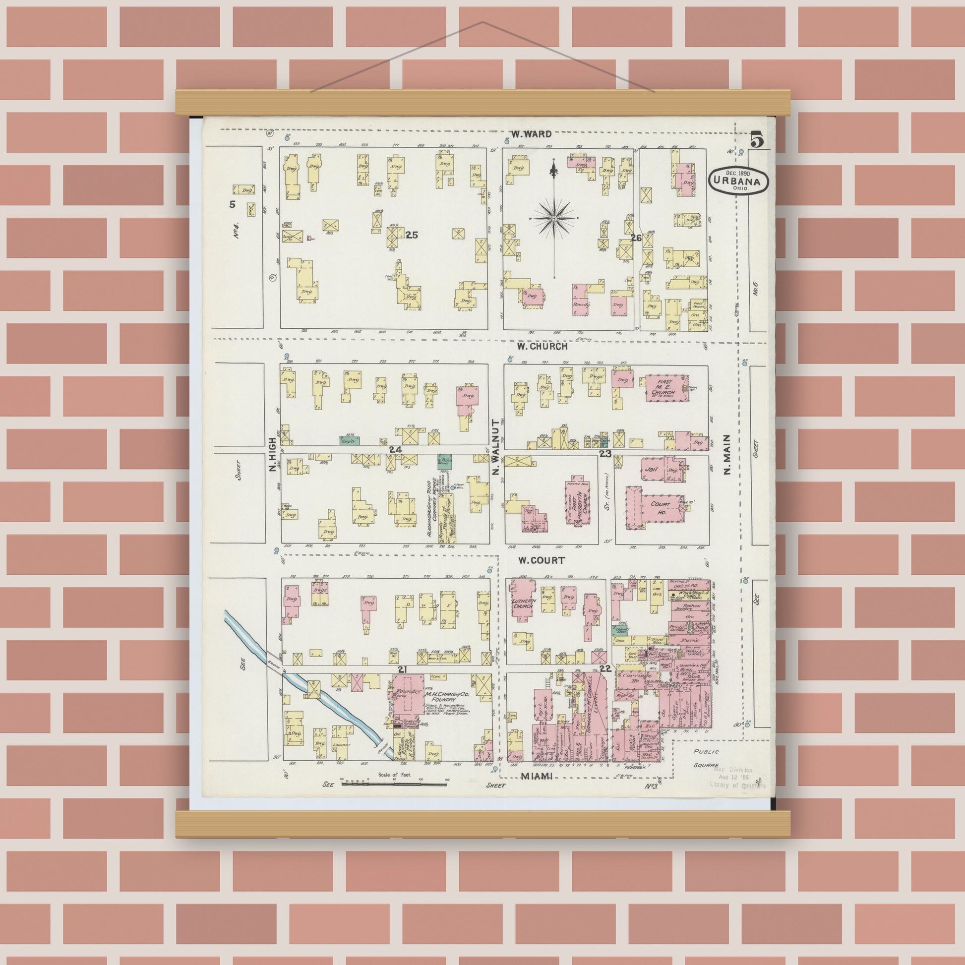 Old map wall art mockup — magnetic wood frame on brick wall — Sanborn Fire Insurance Map from Urbana, Champaign County, Ohio (1890), Sheet #0005