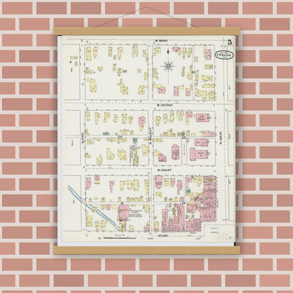 Old map wall art mockup — magnetic wood frame on brick wall — Sanborn Fire Insurance Map from Urbana, Champaign County, Ohio (1890), Sheet #0005