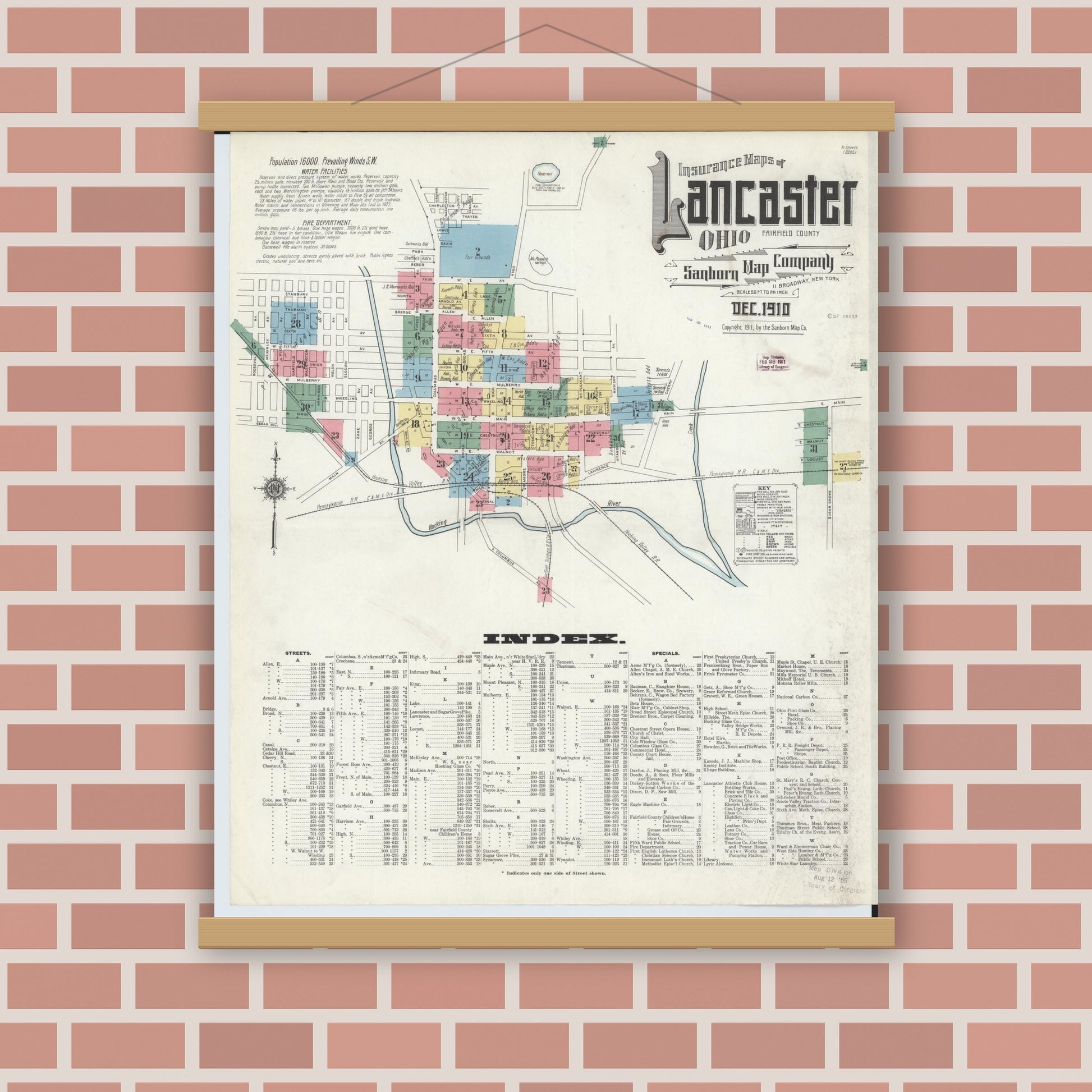 Old map wall art mockup — magnetic wood frame on brick wall — Sanborn Fire Insurance Map from Lancaster, Fairfield County, Ohio (1910) - Complete Map Set