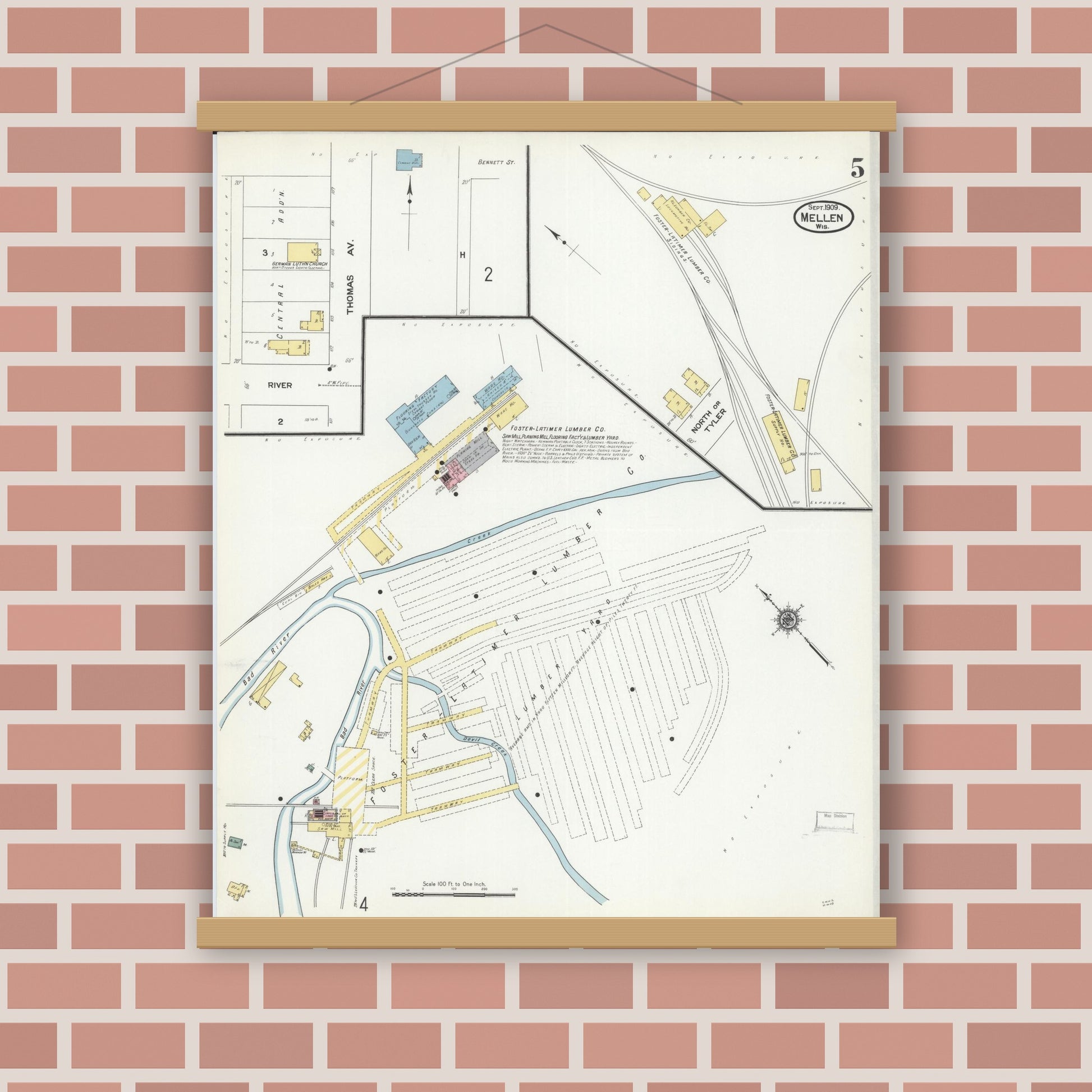Old map wall art mockup — magnetic wood frame on brick wall — Sanborn Fire Insurance Map from Mellen, Ashland County, Wisconsin (1909), Sheet #0005
